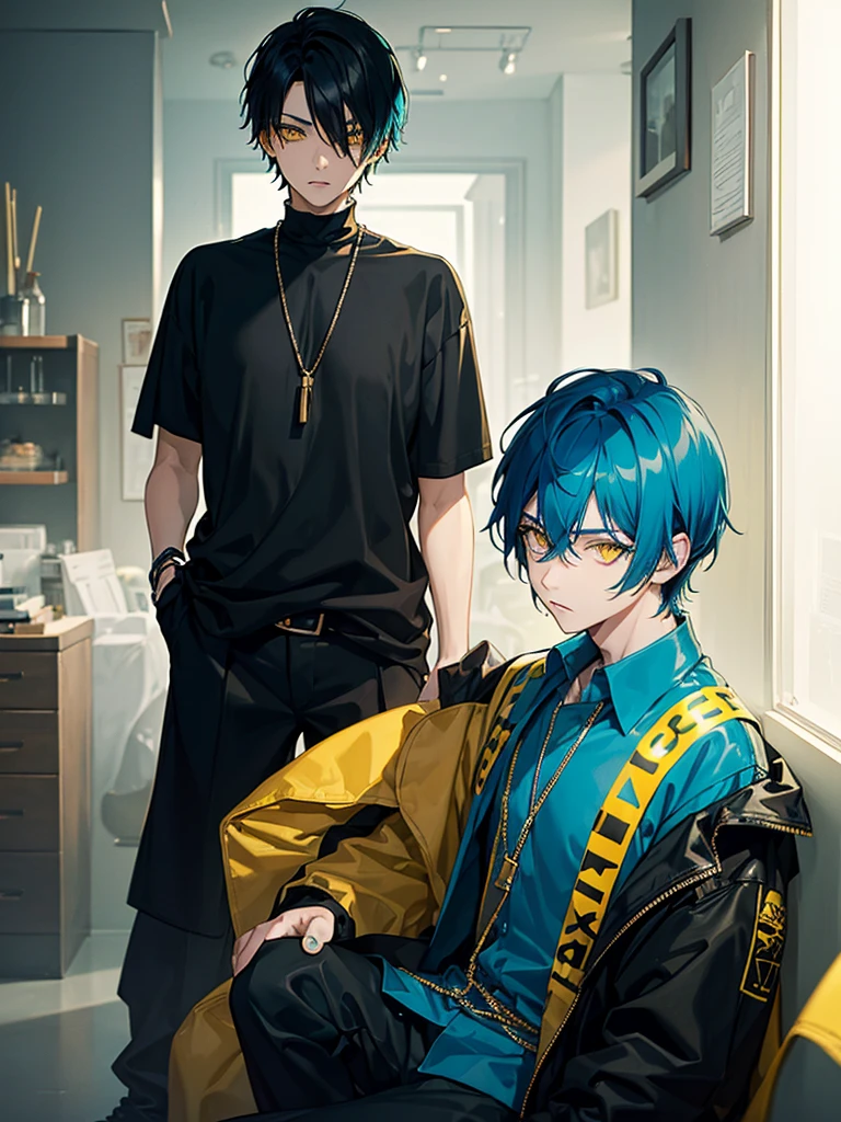 Boy (black and turquoise hair, short hair, yellow eyes, An ironic look, modern clothes, fashion clothes, a vampire)