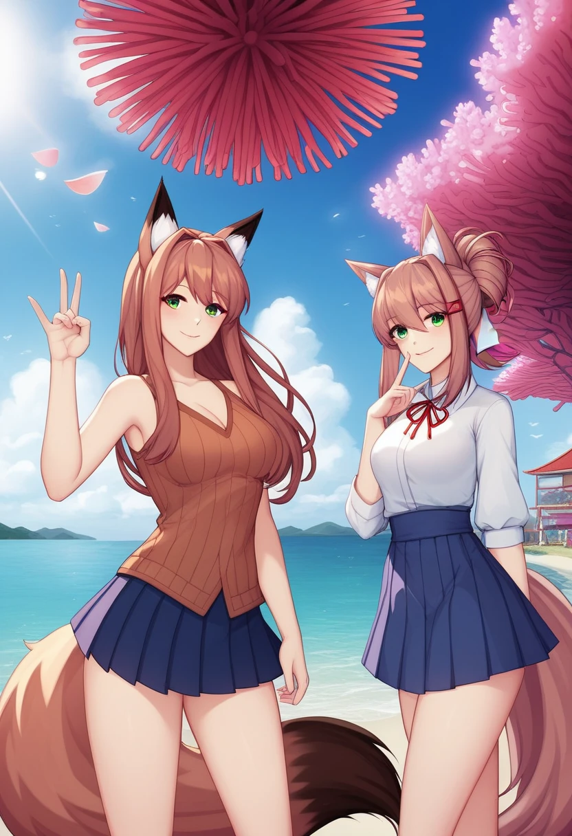 (masterpiece, best quality:1.2)((silver white hair))((violet eyes)),2girls,((eyes tilted outwards)), ((close up photo)), mature_female, milf, animal_ears,averting_eyes,standing_fox_ears,fluffy_fox_tail,hair_between_eyes,basic_blue_hairpin,short_hair, bob_hair, casual_clothing, puffy_sleeves, wide_sleeves, girly_clothes, pleated_skirt,((coral brown hair))((emerald green eyes)),monika(doki doki literature club), animal_ears,(standing_fox_ears),hair_between_eyes, miko_clothing, japanese_clothing , sleeveless_shirt, ((miko_clothing)), (fox shadow puppet hand pose)
