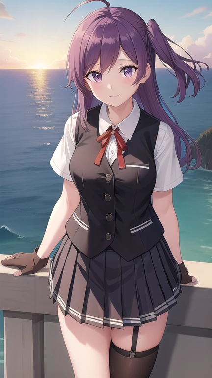 ((masterpiece)),(best quality),official art,extremely detailed CG,unity 8k wallpaper,ultra detailed,A lighthouse on a cliff by the sea,1girl,solo,cowboy shot,long_hair,purple_hair,one_side_up,ahoge,red_ribbon,pleated_skirt,fingerless_gloves,neck_ribbon,white_shirt,black_skirt,blouse,black_vest,short_sleeves,smile,socks,buttons,purple_eyes,kneehighs,black_gloves,medium breasts,school_uniform,looking_at_viewer,