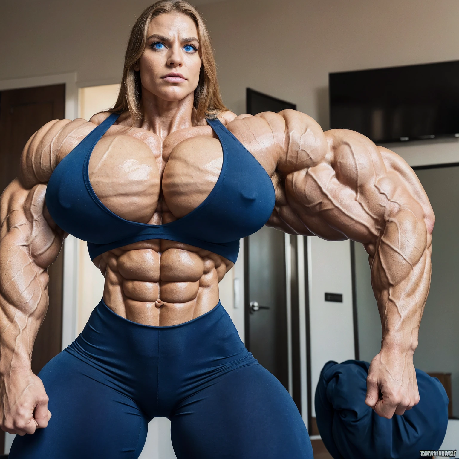 8k quality, digital art style, action pose. (((1girl, solo))), Super female bodybuilder has enormous muscles and gigantic goddess-like bust straining the suit, long blonde hair, angry expression, , growing bigger and more powerful, growing gigantic, looming, (((intense blue eyes))). Hyper muscular. ((thick visible hypermuscular flexed powerful 8-pack abs)):1.8, hourglass (((clenched fists))), ((thick muscular arms)), ((huge biceps)), ((huge abdominals)), ((pectorals)),  detailed pupils, cute, gorgeous,. Blue suit.  Super wide broad shoulders. 