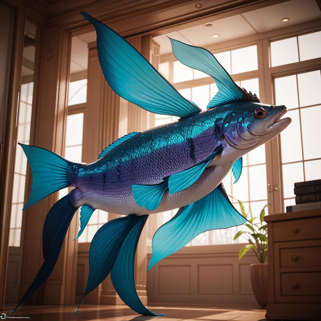 A stunning cinematic render of a unique, vibrant fish character with impressive elephant legs. The fish, which is adorned with delicate fur arm prosthetics and dust leg prosthetics, is dressed in a dazzling, elaborate costume that shimmers with every movement. The fish's eyes are full of life and curiosity, while its intricate details and textures showcase the artistry of the design. This eye-catching creation blends the worlds of fashion, product design, and fantasy, creating an unforgettable visual experience., cinematic, 3d render, vibrant, fashion, photo, product