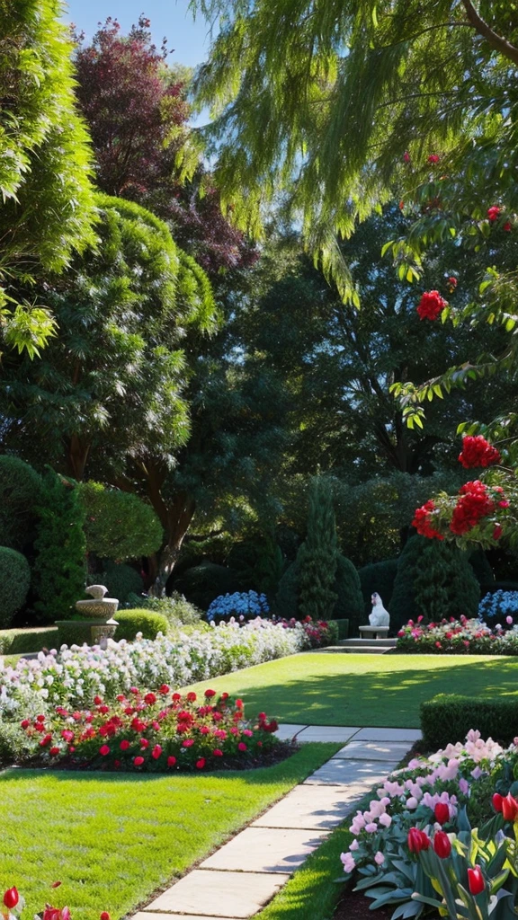 A beautiful garden,Lombard pines,weeping willows,Magnolias, tulips and red roses planted in the garden, a perfectly defined woman is wearing a carmine red dress, a cat sits at his feet and the magnificent blue sky rises above everything