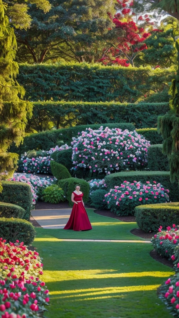 A beautiful garden,Lombard pines,weeping willows,Magnolias, tulips and red roses planted in the garden, a perfectly defined woman is wearing a carmine red dress, a cat sits at his feet and the magnificent blue sky rises above everything