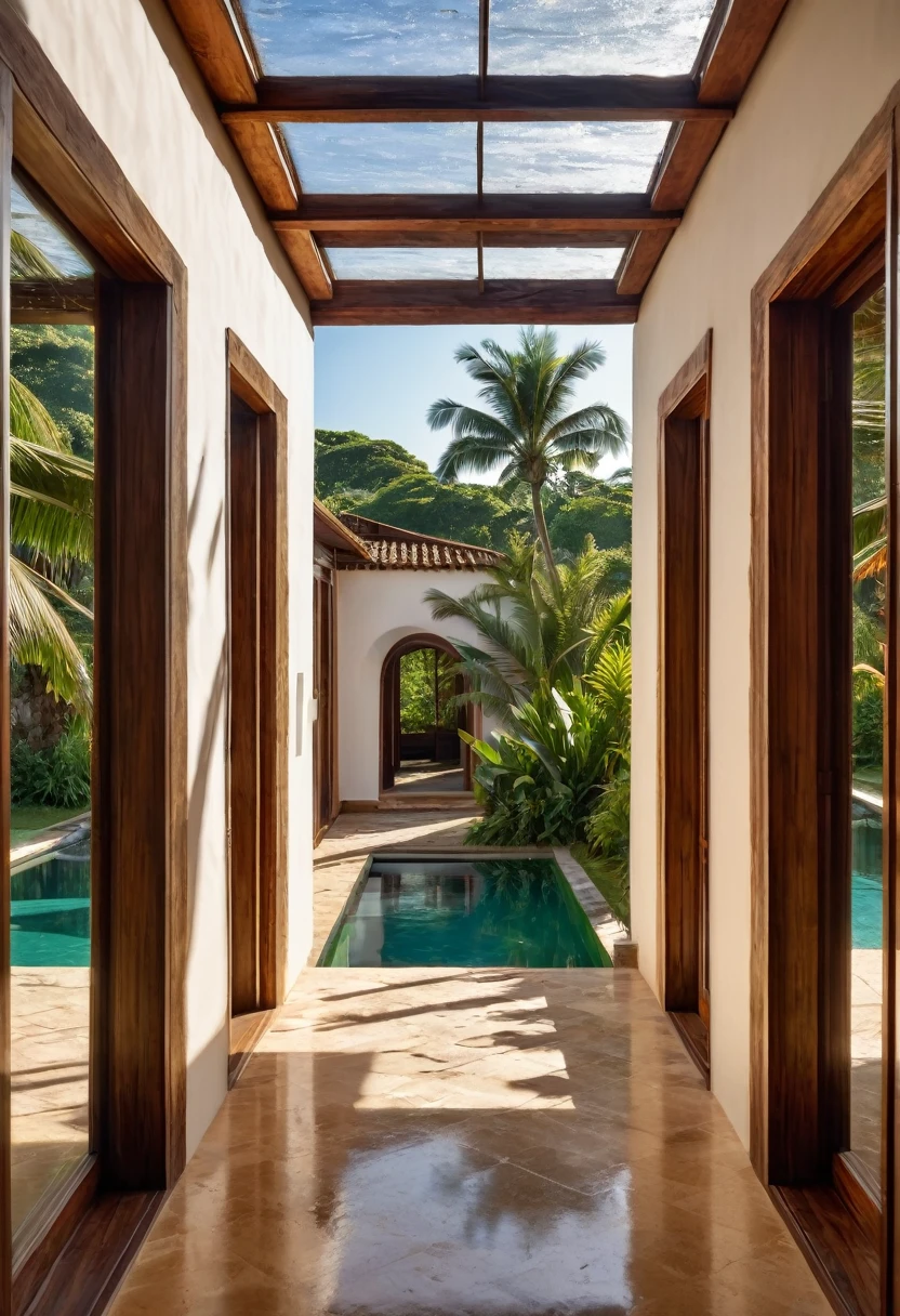 RAW image, taken on a Canon EOS R3, com lente telefoto teleobjetiva 300mm, 8K top quality, natural look, dawn, 3 pm hour, DSLR photo ultra detailed, realistic, ultra high res.photorealistic::1.5, Interior architecture in Brazilian tropical style. An internal corridor covered in Tamarind wood, with a retractable glass roof. On the walls 2 paintings by Tarsila do Amaral. The floor is rustic in Pedra Moledo Laguna Branca. This hallway overlooks the garden, with neatly trimmed grass, tall palm trees, a huge square swimming pool, light brown sun loungers, open wooden sliding doors, breeze, sea, sand
