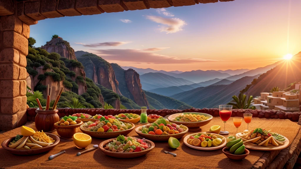 sunset, Mexican carpet on a rock, Lots of Mexican food and fruits, pulque in the middle, guaje, Different angles