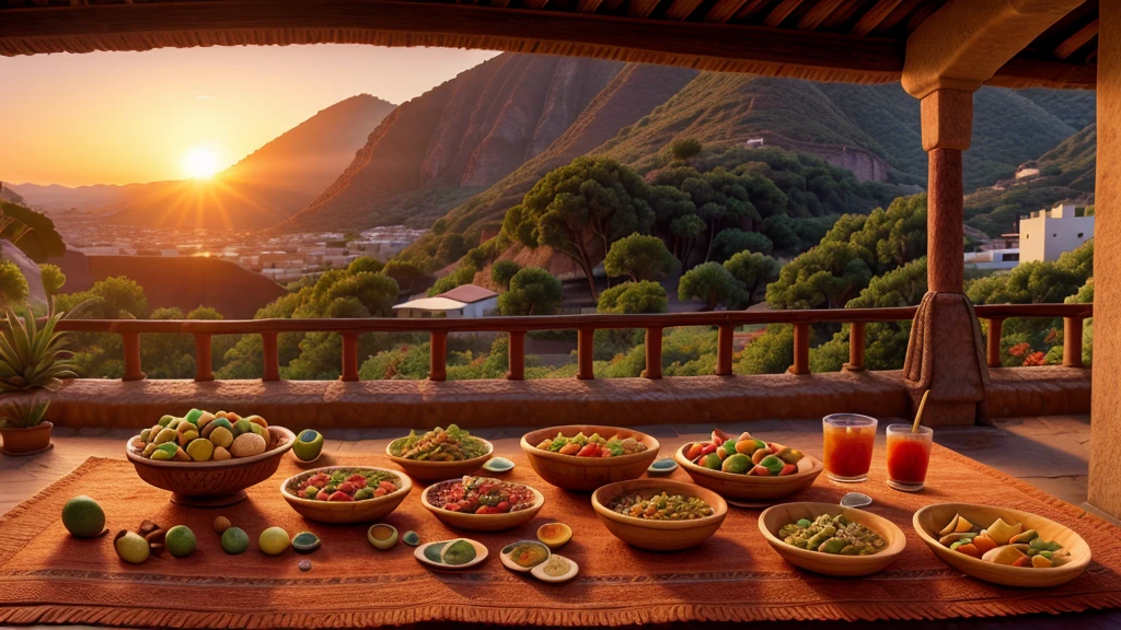 sunset, Mexican carpet on a rock, Lots of Mexican food and fruits, pulque in the middle, guaje, Different angles