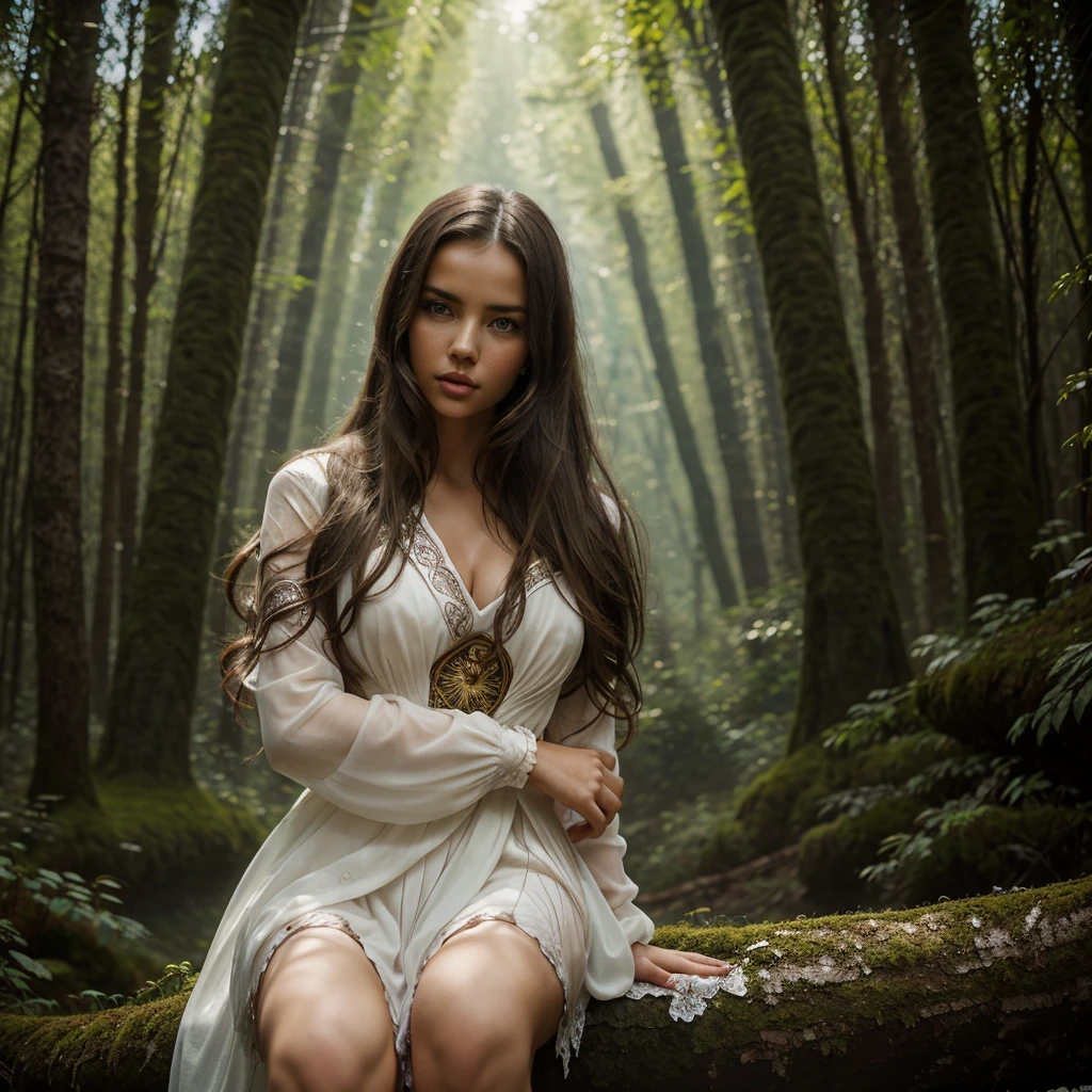 adriana lima, thick brown hair, hot , Ukrainian girl, wavy brown hair, Dasha Taran, pretty beautiful brunette, (solo one girl : 2.0), A woman in a white dress sitting on a tree trunk, ethereal beauty, fantasy photography, ethereal fairytale, a beautiful woman in white, realistic fantasy photography, beautiful lonely girl, romanticism portrait, fine art fashion photography, woman in a dark forest, a stunning young ethereal figure, inspired by Jaroslava Korol, gorgeous lady, Information