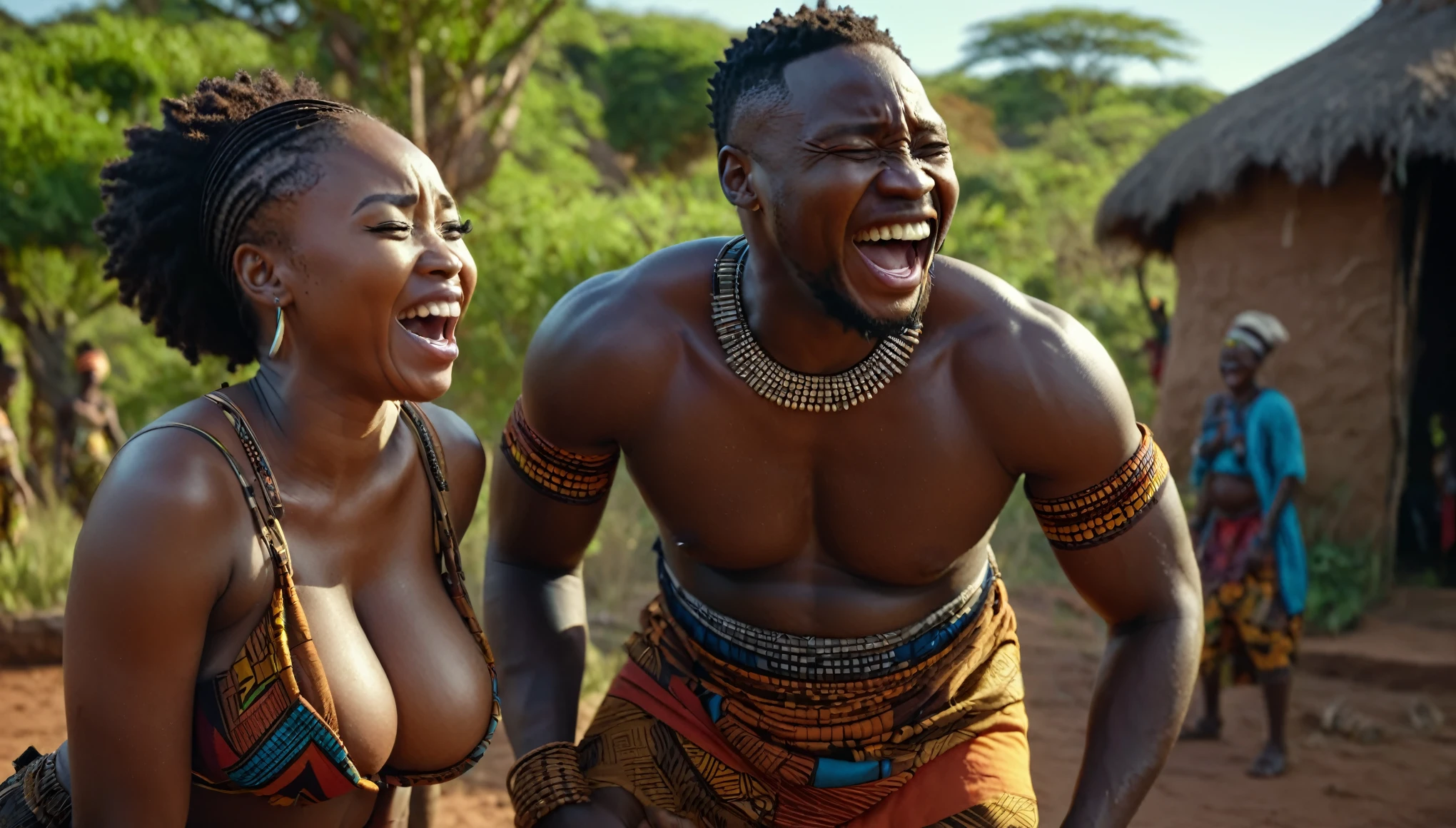 A crying African woman with large breasts, an African man laughing and fastening his pants behind her, African tribal style, Wakanda, extremely detailed, photo-realistic, 8k, hyper-detailed, cinematic lighting, dramatic shadows, powerful colors, emotional expression, cultural details, natural environment, (best quality:1.2),(realistic:1.37)