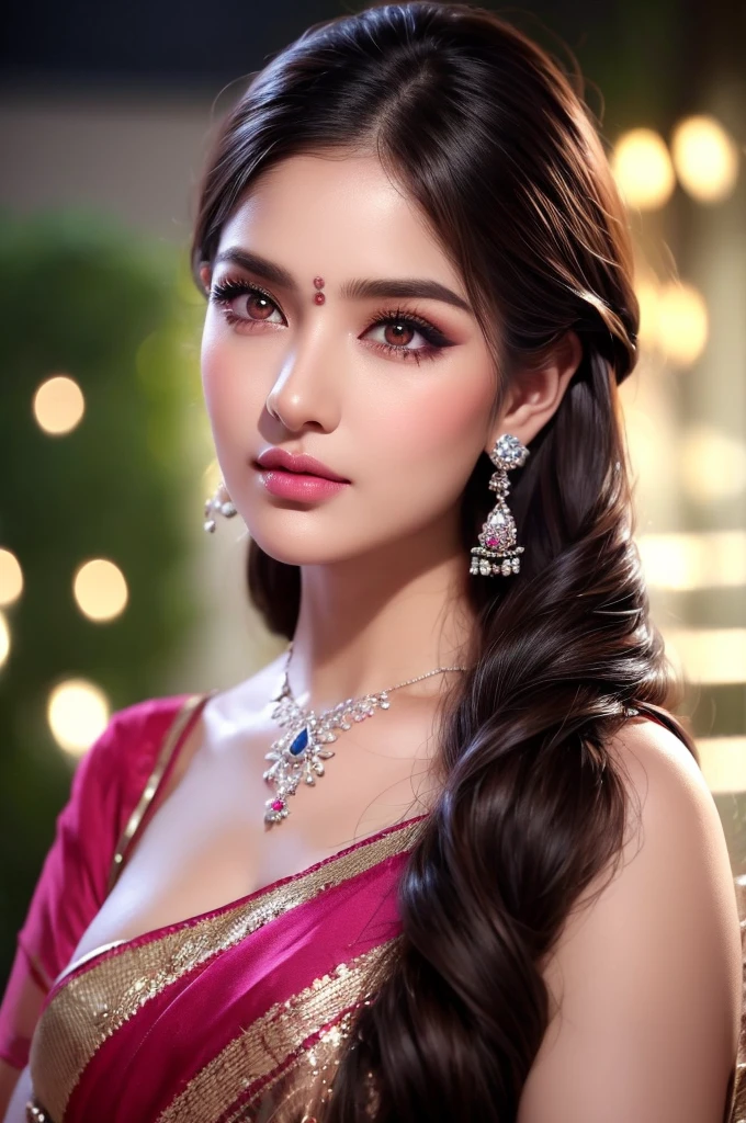 photorealistic Realism 8K, 16K, Quality, (1woman:1.4,  24yo), professional-grade photograph, best, high quality real texture skin, best, high quality real texture hair, (a beautiful (Indian woman:1.15), long flowing hair), elegant designer saree, matching blouse and fashion accessories, ((earrings and heart shaped diamond necklace)), perfect midriff, [[glowing lights]], indoors, night time, dslr, best high quality, ((soft cinematic lighting)), sharp focus captured by Fujifilm XT3, f 5.6, in a ((cinematic color grading, focus on cute girl and decorations on realistic architecture, perfect composition)), ((incredible absurd quality, extremely detailed, Ultra resolution, clear sharp focus, not blurry, Realistic brown_eyes:1.35)), ((perfect dark_eyeshadows:1.35)), detailed lips:1.3,pink_makeup:1.3, (beautiful little nose), finely detailed face, finely quality eyes, (tired and sleepy and satisfied:0.0), (droopy eyes:1.3), Thin eyebrows, Carefully draw blue_eyelashes, ((perfect round eyes:1.2)), ((finely detailed pupils:1.3)), professional makeup:1.2, ((close up of a woman's eyes:1.22), with a digital rendering),