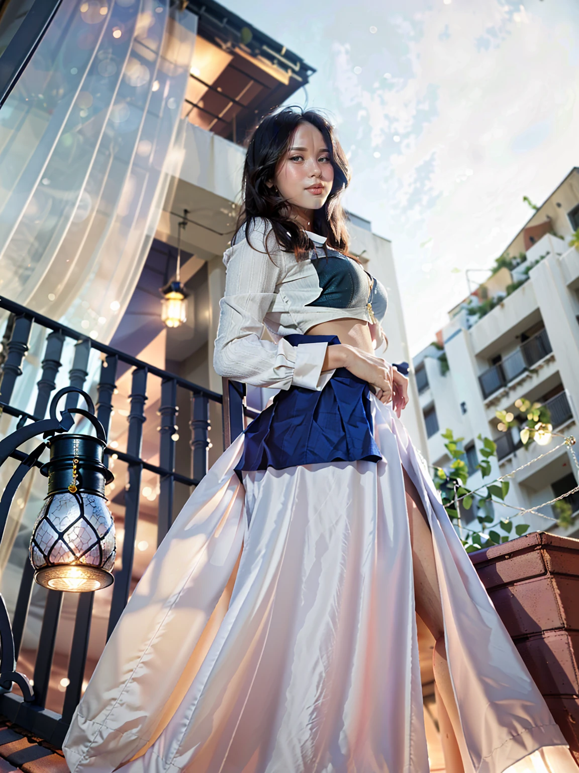 Burmese beautiful woman, 1 girl, solo, pretty lady MoonLay, innocent cute smile, red lips, (standing and seductively arch her back and leaning against the balcony wall and seductively gazing to the sky pose:1.5), smooth face skin, traditional beauty, cinematic portrait glow lighting, traditional dress, (curvy rear and side buttock), (white shirt:1.3), (red skirt:1.3), (full body view:2), (rooftop balcony with vibrant colorful hanging lanterns background:1.5), (cinematic bokeh blur background:1.5), (cinematic camera angle), cinematic lighting, perfect anatomy,