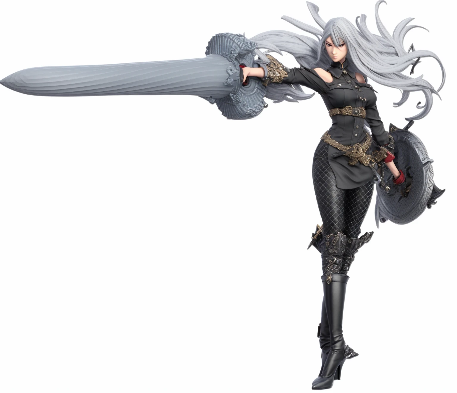 selvaria , drill sword, shield, sword, metal weapons, black shirt, bare shoulders, detached sleeves, belt, black pants, black gloves, high heel boots, 3d , render