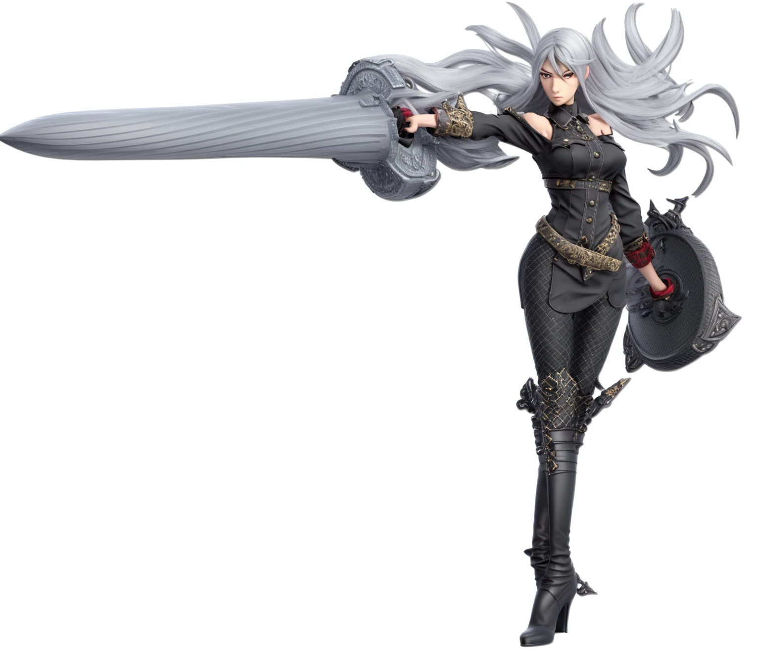 selvaria , drill sword, shield, sword, metal weapons, black shirt, bare shoulders, detached sleeves, belt, black pants, black gloves, high heel boots, 3d , render