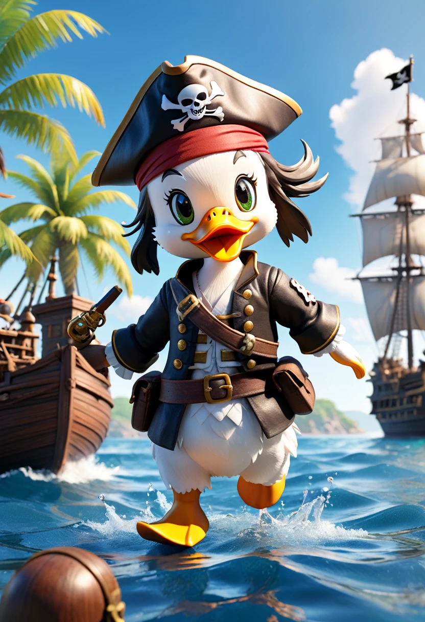 Full body Esbian、cool duck、Pop duck、diorama、simple background、background white、pirate、Pirates Hat、masterpiece, best quality, Capture super cute moments, Depth of bounds written, Super detailed, Super high resolution, octadale, 8K, 16 km race