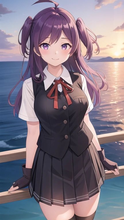 ((masterpiece)),(best quality),official art,extremely detailed CG,unity 8k wallpaper,ultra detailed,A lighthouse on a cliff by the sea,1girl,solo,cowboy shot,long_hair,purple_hair,one_side_up,ahoge,red_ribbon,pleated_skirt,fingerless_gloves,neck_ribbon,white_shirt,black_skirt,blouse,black_vest,short_sleeves,smile,socks,buttons,purple_eyes,kneehighs,black_gloves,medium breasts,school_uniform,looking_at_viewer,