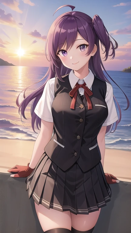 ((masterpiece)),(best quality),official art,extremely detailed CG,unity 8k wallpaper,ultra detailed,A lighthouse on a cliff by the sea,1girl,solo,cowboy shot,long_hair,purple_hair,one_side_up,ahoge,red_ribbon,pleated_skirt,fingerless_gloves,neck_ribbon,white_shirt,black_skirt,blouse,black_vest,short_sleeves,smile,socks,buttons,purple_eyes,kneehighs,black_gloves,medium breasts,school_uniform,looking_at_viewer,