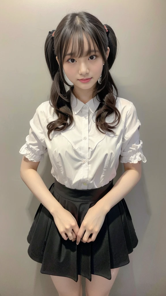 (Highest quality,masterpiece:1.3,Ultra-high resolution),(Very detailed,8k),(Realistic:1.4,RAW shooting)。Blurred Background、Looking at the audience、Embarrassed look、18-year-old girl、Twin tails、Cute idol、A cup breasts、City of night。Night view。Micro Pleated Mini Skirt、Are standing、Standing posture、Facing forward、Nipples are visible、Tops being taken off