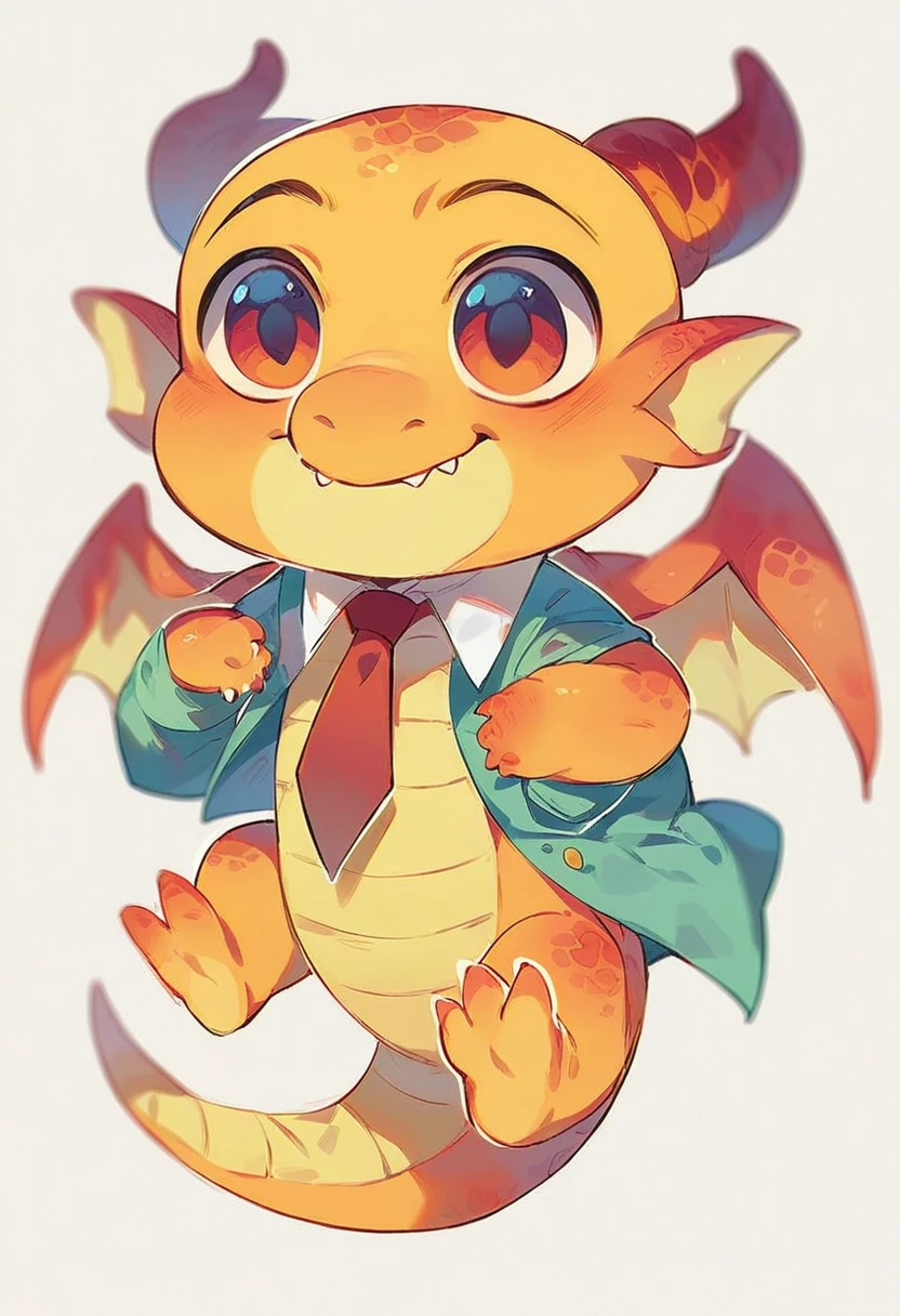 high quality, (cute little Dragon), (cartoon:1.3),(((chibi:1.2))),(pixar style:1.2),(cute expression:1.1), (Dragon), (cute little dragon), ((((red with yellowish colors)))), he wears a gold tie, (((White background)), 
