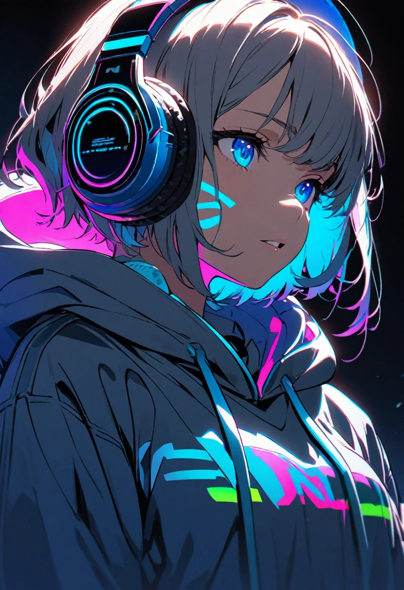 Super detailed,1 girl, alone, hoodie, Facial Contour, headphone, RGB lighting headphones, headphones with blue lighting, headphone with cable