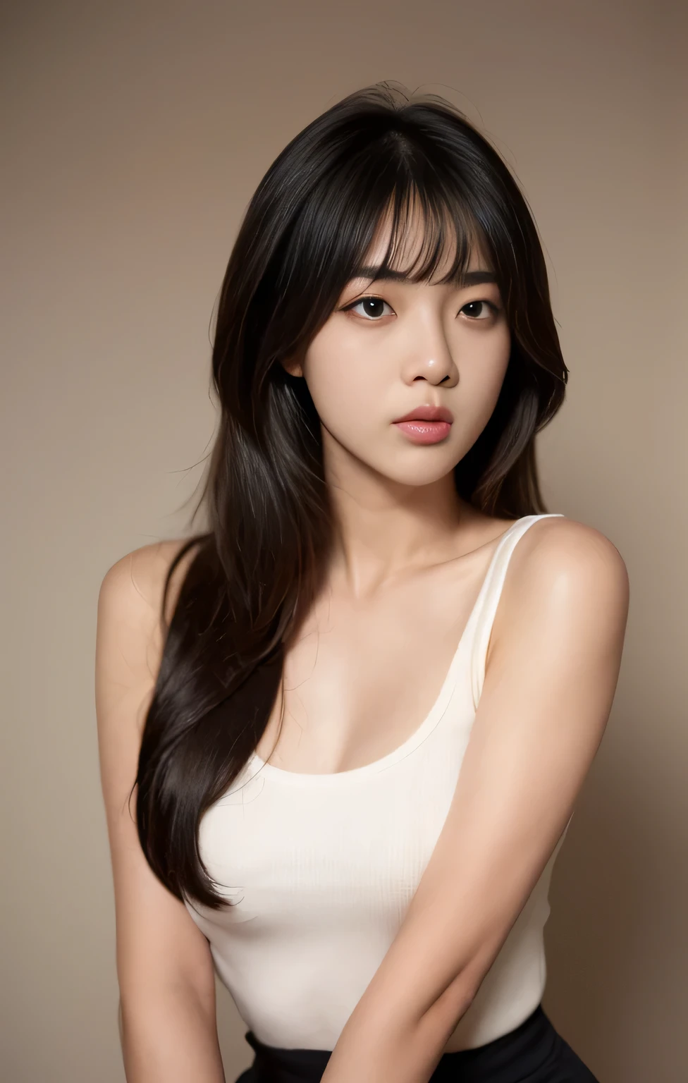 Woman about 20 years old, Korean idol,Wearing a black tank top.,short skirt, sexy, realistic details, High quality images, There are many moles on the body., Detailed facial features,Beautifully detailed eyes,Beautifully detailed lips,Very detailed face, Long hair with bangs parted in the middle