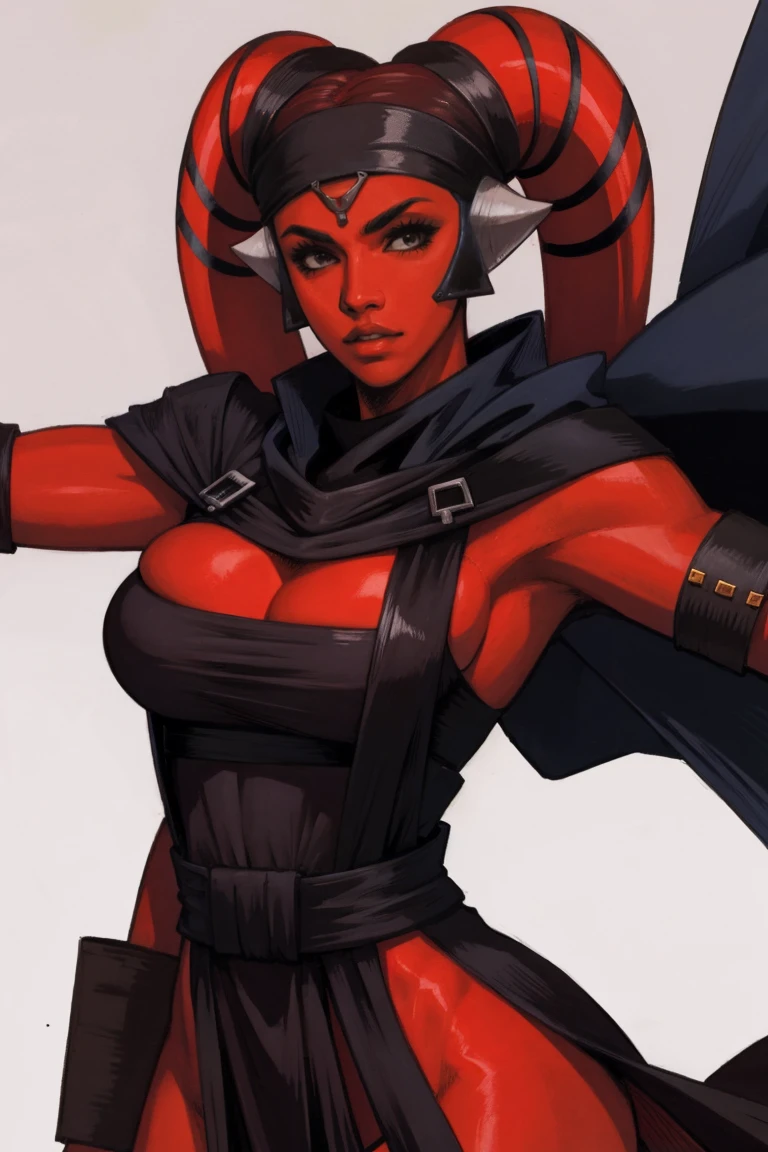 Brutal Red Skin Twi'lek with huge breasts wearing futuristic ((sleek (black) tunic)), robes, cowl, cape, huge breasts, slim hips, small waist, full-body shot