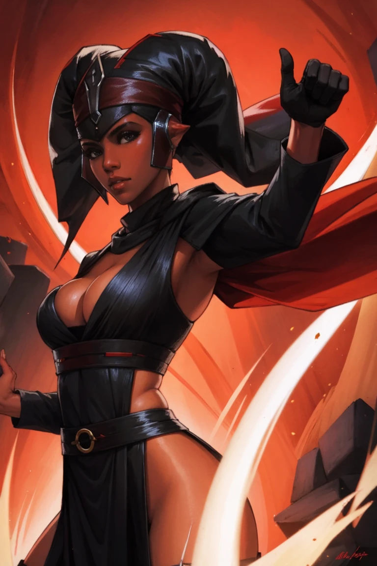 Brutal Red Skin Twi'lek with huge breasts wearing futuristic ((sleek (black) tunic)), robes, cowl, cape, huge breasts, slim hips, small waist, full-body shot