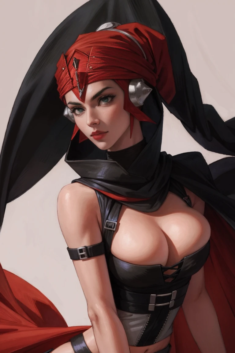 Brutal Red Skin Twi'lek with huge breasts wearing futuristic ((sleek (black) tunic)), robes, cowl, cape, huge breasts, slim hips, small waist, full-body shot