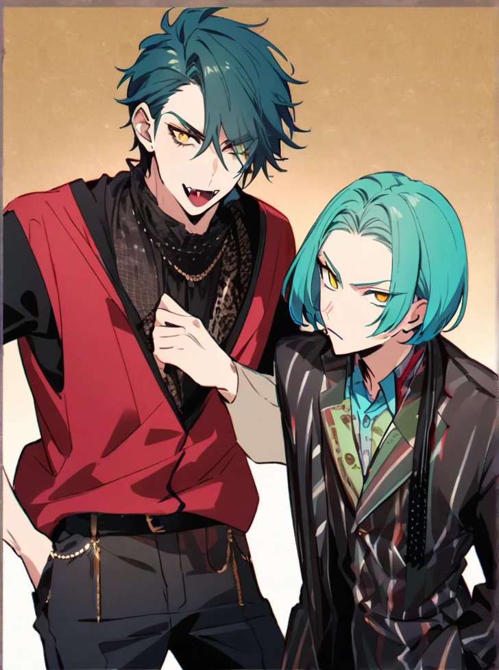 Boy (black and turquoise hair, short hair, yellow eyes, An ironic look, modern clothes, fashion clothes, a vampire)