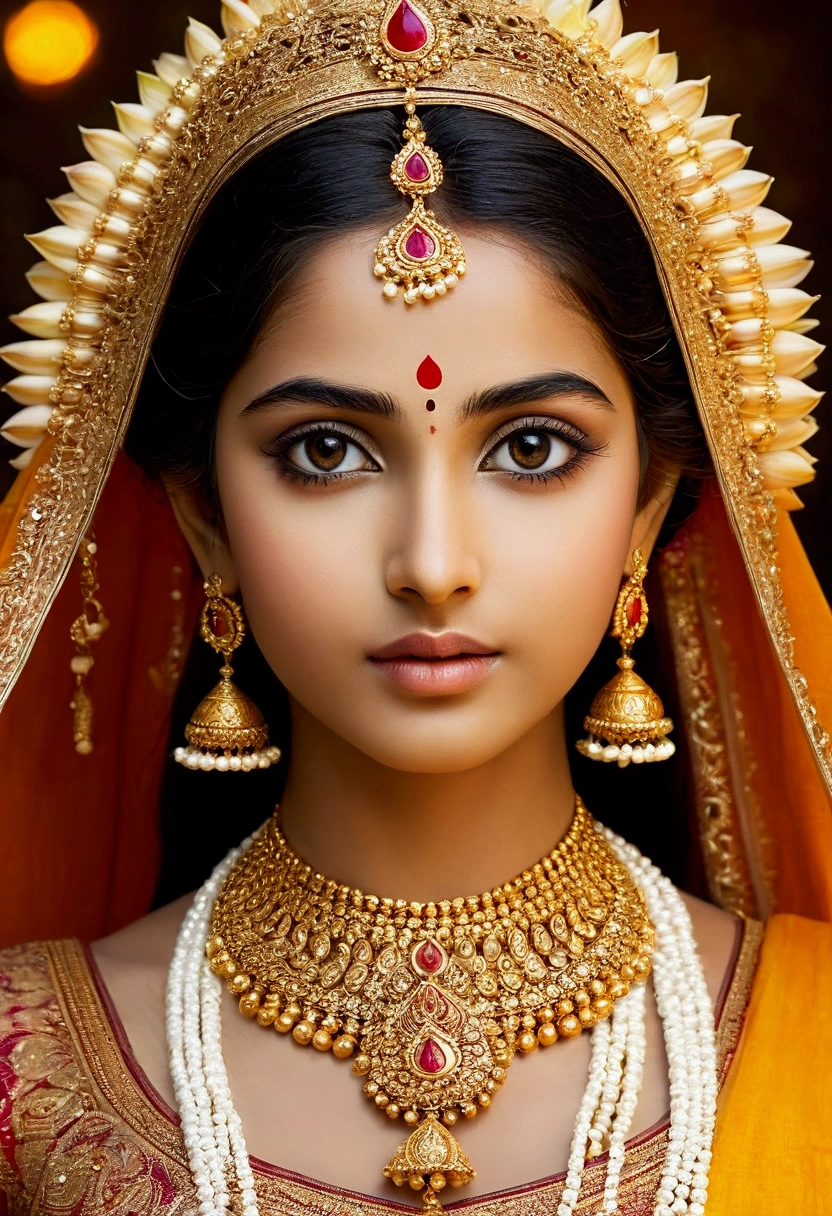 Radiant Complexion: Often described as having a molten gold complexion, symbolizing her divine nature and purity. Captivating Eyes: Large, expressive eyes that reflect a depth of love and devotion towards Krishna. They are often compared to lotuses. Delicate Features: A pointed nose, thin lips, and a graceful chin contribute to her ethereal beauty. Lustrous Hair: Long, flowing hair adorned with flowers, symbolizing her youthful charm and purity.
