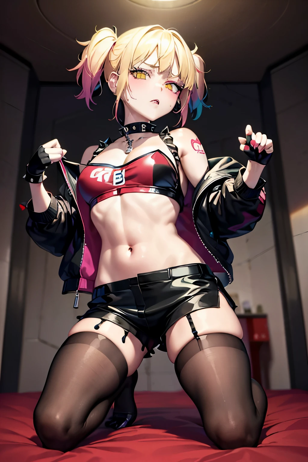 (Highest quality:1.1), (masterpiece:1.4), (Absurd:1.0), 
One Girl、thighhighs, gloves, navel, cleavage, jewelry, jacket, open clothes, shorts, black gloves, midriff, black thighhighs, fingerless gloves, collar, bracelet, open jacket, black jacket, crop top, torn clothes, short shorts, tattoo, chain, spikes, cropped jacket, spiked bracelet, spiked collar, micro shorts, multicolored jacket, Medium chest、Looking at the audience、Bedroom、(blush:1.2)、Embarrassed expression、((pantyhose))、sit、(Kneeling)、