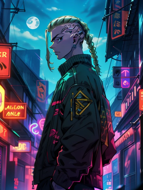 depth of field, sharp detail, best quality, looking at viewer, 1boy, solo, male focus, draken, blonde hair, tattoo, black eyes,purple jaket,neon jaket,old town,night time,moon rise ,Mikey