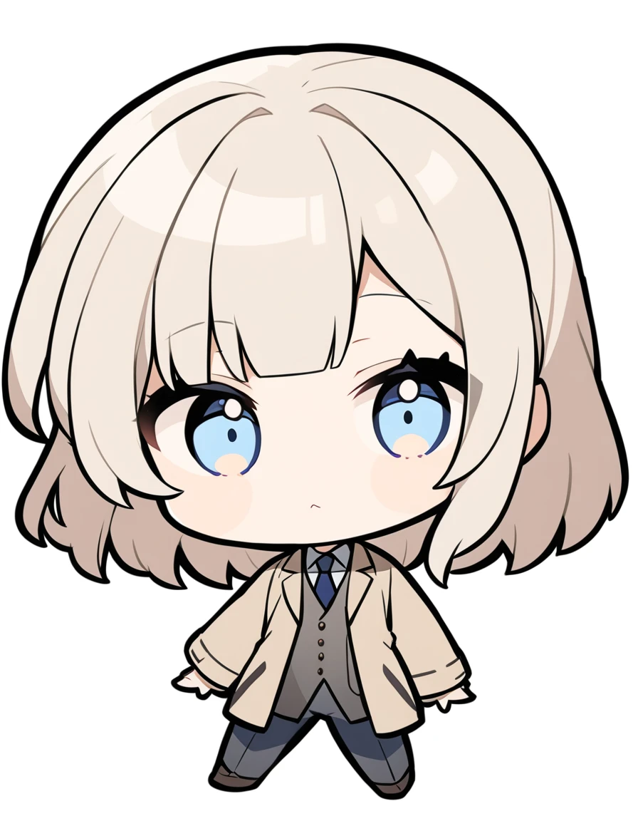 One girl, Beige hair、long、Bangs、Detective Suit、chibi,Light blue eyes、simple background