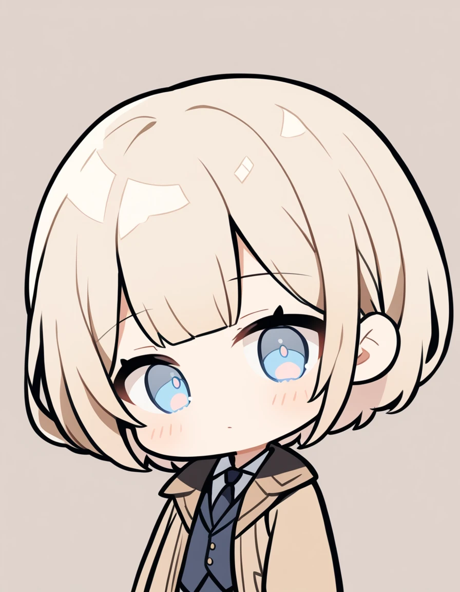 One girl, Beige hair、long、Bangs、Detective Suit、chibi,Light blue eyes、simple background