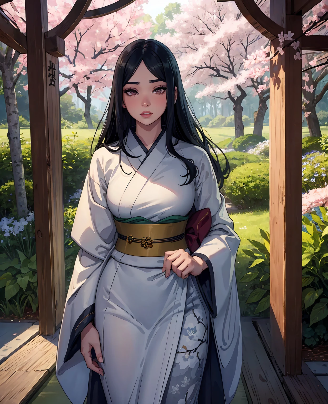 a beautiful young woman with long dark hair,detailed face features,detailed eyes,detailed lips,extremely detailed facial features,long eyelashes,Hinata Hyuga,Naruto character,looking shy and gentle,wearing a traditional Japanese kimono,standing in a lush green forest with blooming cherry blossoms,beautiful natural lighting,vibrant colors,soft focused background,ultra-detailed,8k,photorealistic,masterpiece,intricate details