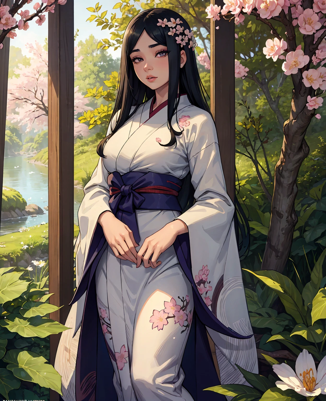 a beautiful young woman with long dark hair,detailed face features,detailed eyes,detailed lips,extremely detailed facial features,long eyelashes,Hinata Hyuga,Naruto character,looking shy and gentle,wearing a traditional Japanese kimono,standing in a lush green forest with blooming cherry blossoms,beautiful natural lighting,vibrant colors,soft focused background,ultra-detailed,8k,photorealistic,masterpiece,intricate details