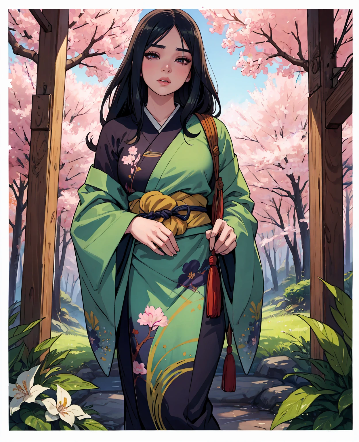 a beautiful young woman with long dark hair,detailed face features,detailed eyes,detailed lips,extremely detailed facial features,long eyelashes,Hinata Hyuga,Naruto character,looking shy and gentle,wearing a traditional Japanese kimono,standing in a lush green forest with blooming cherry blossoms,beautiful natural lighting,vibrant colors,soft focused background,ultra-detailed,8k,photorealistic,masterpiece,intricate details