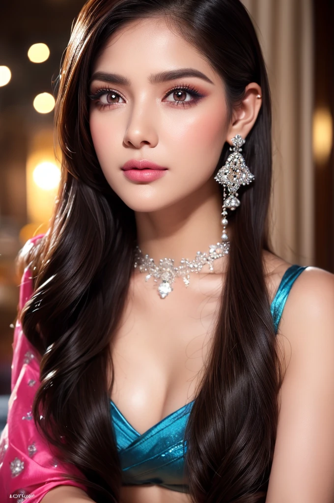 photorealistic Realism 8K, 16K, Quality, (1woman:1.4,  24yo), professional-grade photograph, best, high quality real texture skin, best, high quality real texture hair, (a beautiful (Indian woman:1.15), long flowing hair), elegant designer saree, matching blouse and fashion accessories, ((earrings and heart shaped diamond necklace)), perfect midriff, [[glowing lights]], indoors, night time, dslr, best high quality, ((soft cinematic lighting)), sharp focus captured by Fujifilm XT3, f 5.6, in a ((cinematic color grading, focus on cute girl and decorations on realistic architecture, perfect composition)), ((incredible absurd quality, extremely detailed, Ultra resolution, clear sharp focus, not blurry, Realistic brown_eyes:1.35)), ((perfect dark_eyeshadows:1.35)), detailed lips:1.3,pink_makeup:1.3, (beautiful little nose), finely detailed face, finely quality eyes, (tired and sleepy and satisfied:0.0), (droopy eyes:1.3), Thin eyebrows, Carefully draw blue_eyelashes, ((perfect round eyes:1.2)), ((finely detailed pupils:1.3)), professional makeup:1.2, ((close up of a woman's eyes:1.22), with a digital rendering),