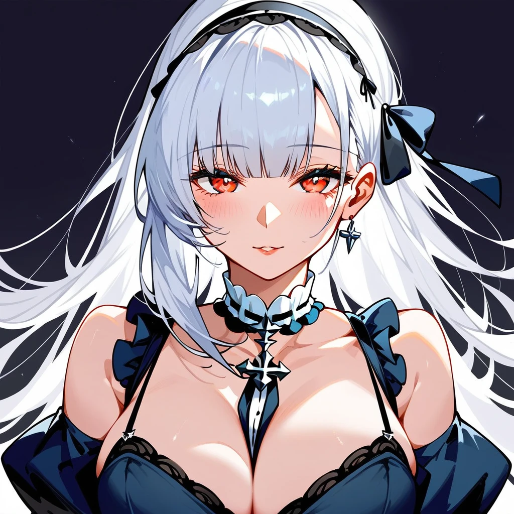 Fraction_9, Fraction_8_up, Fraction_7_up, Fraction_6_Direction_5_Direction_4_up, src_Japanese cartoons, Simple background, 1 Girl, Solitary, Dido \(Azur Lane\), Red Eyes, White hair, , Long hair,Black lace ribbon,