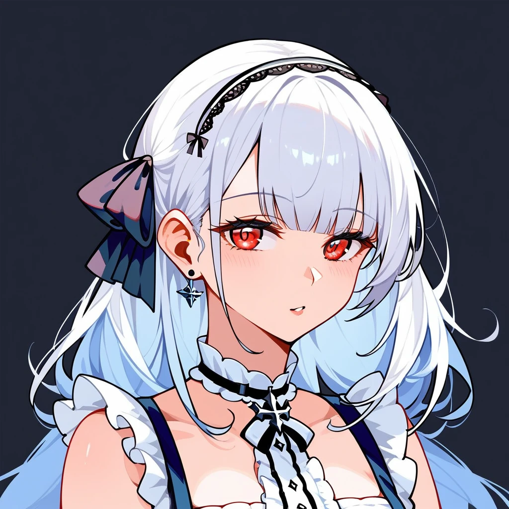 Fraction_9, Fraction_8_up, Fraction_7_up, Fraction_6_Direction_5_Direction_4_up, src_Japanese cartoons, Simple background, 1 Girl, Solitary, Dido \(Azur Lane\), Red Eyes, White hair, , Long hair,Black lace ribbon,