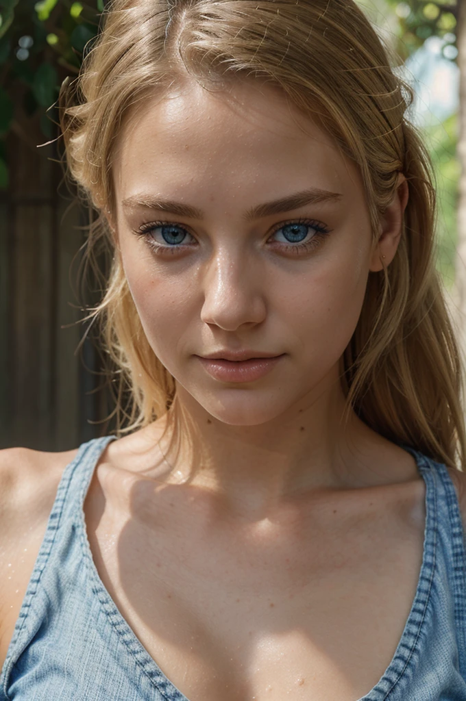 a beautiful blonde woman, stunning blue eyes, wearing a white tank top and blue denim shorts, highly detailed portrait, photorealistic, 8k, hyperrealistic, cinematic lighting, warm color tones, detailed facial features, long eyelashes, clear skin, glowing skin, detailed clothing folds, natural pose, serene expression, realistic shadows, depth of field, golden hour lighting, detailed background, intricate details