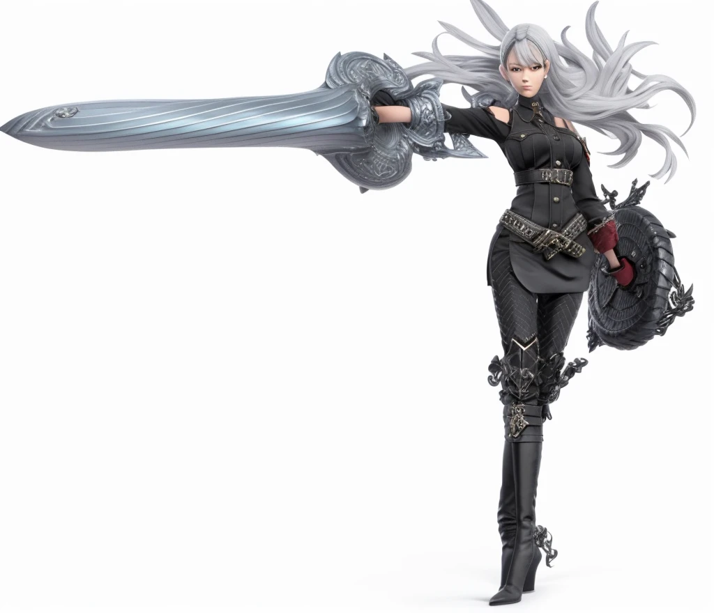 selvaria , drill sword, shield, sword, metal weapons, black shirt, bare shoulders, detached sleeves, belt, black pants, black gloves, high heel boots, 3d , render