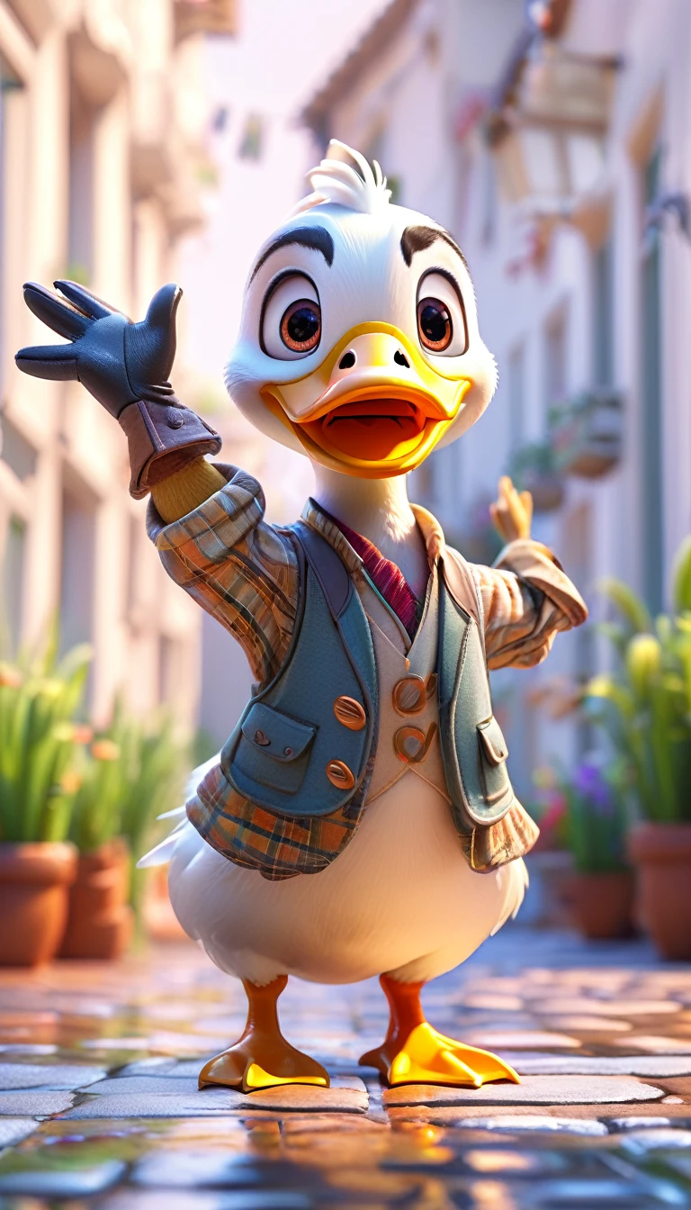 cute male duck, cartoon , arms, hands ,cute eyes, looking at viewer, arms up, cute clothes, flawless, white background, close