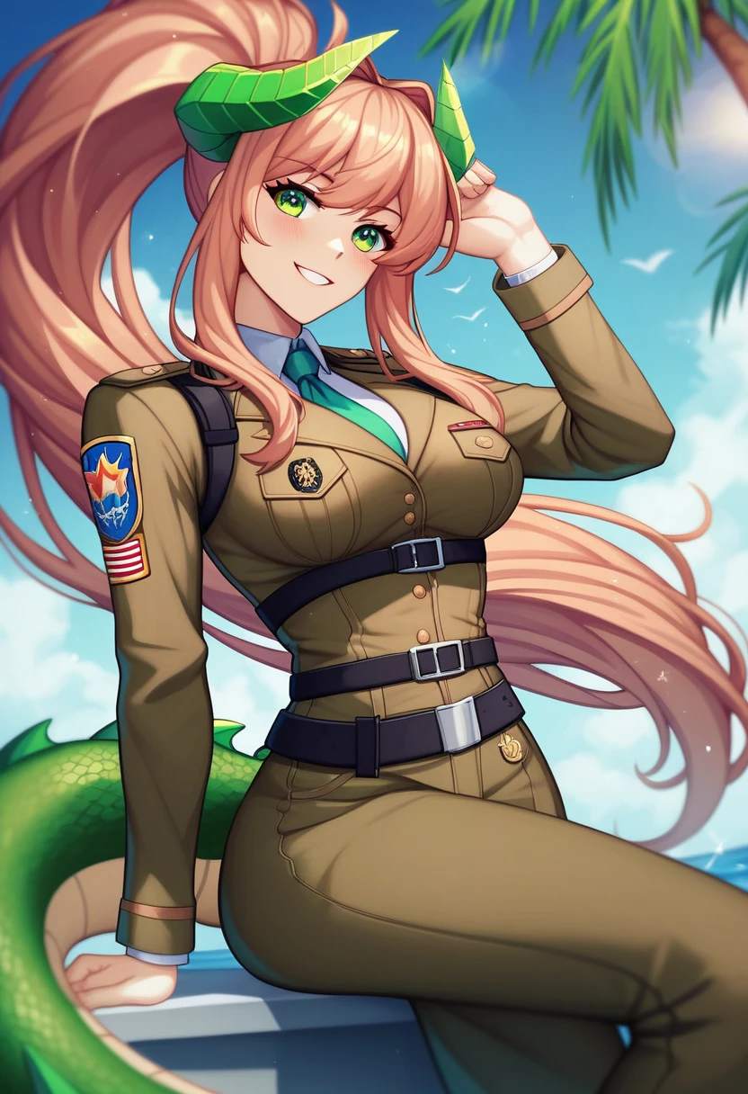 (masterpiece, best quality:1.2)((coral brown hair))((emerald green eyes)),solo,1girl,monika(doki doki literature club),(yellow_white_dragon_horns),((green_dragon_tail)),hair_between_eyes, ((jrpg combat outfit))