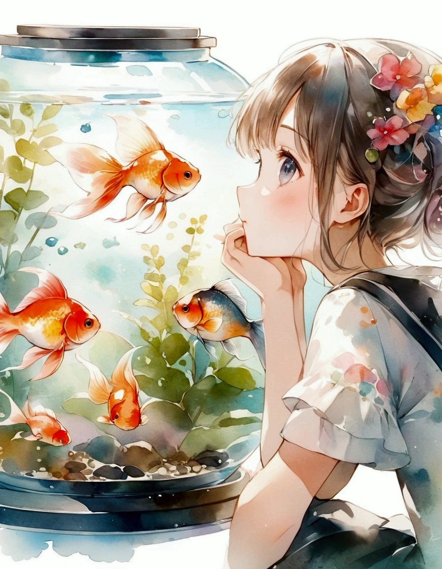 anime girl looking at Goldfish in aquarium with watercolor effect, 4K Manga Wallpapers, you see fish, Athan It&#39;gift, shape!, Goldfish, fish, Cute girl anime visuals, Anime aesthetics, Pixiv Trends, Beautiful anime artwork, pixiv daily ranking, see fish swimming, Ishida Sui Art Manga, By Yuumei