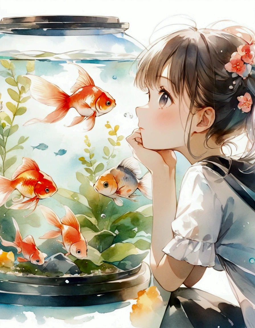 anime girl looking at Goldfish in aquarium with watercolor effect, 4K Manga Wallpapers, you see fish, Athan It'gift, shape!, Goldfish, fish, Cute girl anime visuals, Anime aesthetics, Pixiv Trends, Beautiful anime artwork, pixiv daily ranking, see fish swimming, Ishida Sui Art Manga, By Yuumei