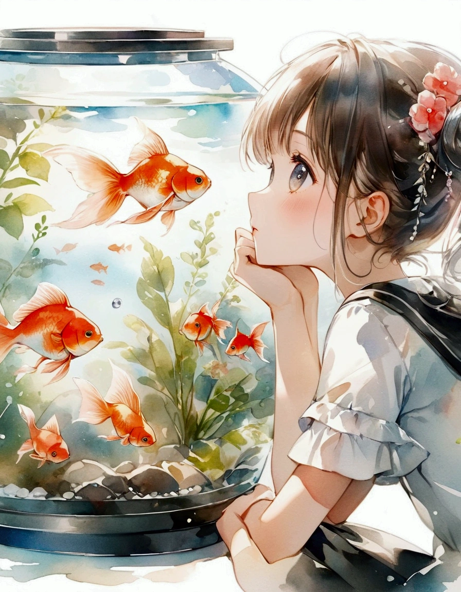 anime girl looking at Goldfish in aquarium with watercolor effect, 4K Manga Wallpapers, you see fish, Athan It&#39;gift, shape!, Goldfish, fish, Cute girl anime visuals, Anime aesthetics, Pixiv Trends, Beautiful anime artwork, pixiv daily ranking, see fish swimming, Ishida Sui Art Manga, By Yuumei