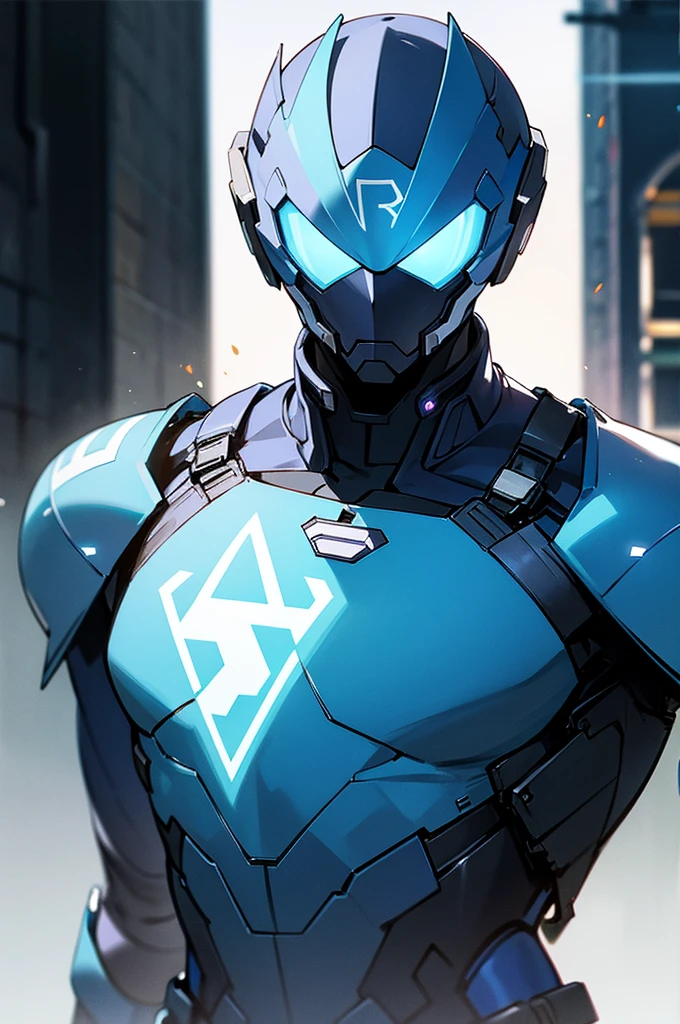 blue super hero suit, blue super hero helmet that covers head, young male, mature, adult, upper body, lean, street background, electronic chest glowing