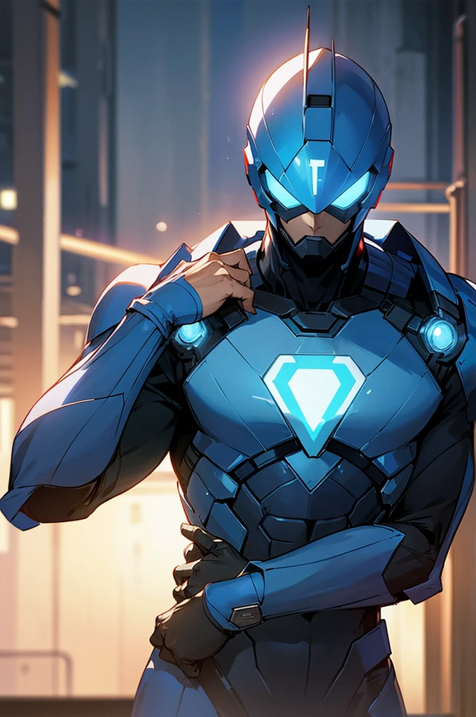 blue super hero suit, blue super hero helmet that covers head, young male, mature, adult, upper body, lean, street background, electronic chest glowing