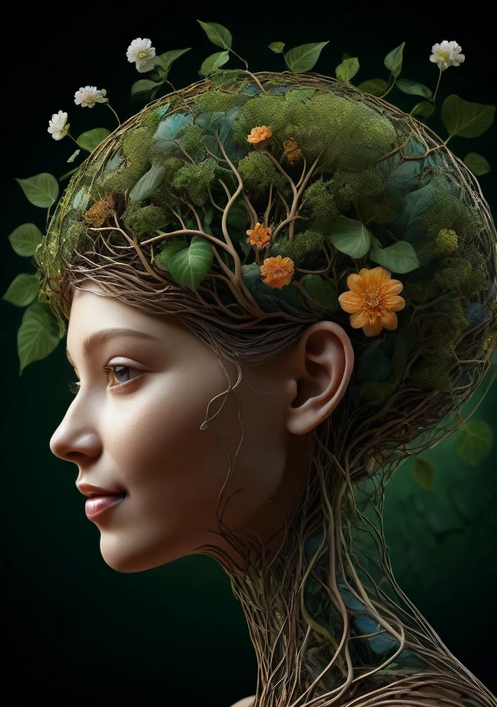 A mesmerizing digital illustration of a human brain. The brain CONSISTS ENTIRELY OF intricately woven with trees, vines, and flowers, which are sprouting from the brain stem, creating a surreal and organic fusion of nature and intelligence. The vines branch out, forming complex neural networks that are translucent and extend into the surroundings. The brain is depicted without bones and skin, purely composed of the vegetation, showcasing the interconnectedness of nature and human cognition. The illustration is rendered with extreme detail, capturing every intricate texture of the trees, vines, and flowers, creating a visually stunning masterpiece. growth, life, and harmony. (a female face is smiling in front of the brain:1.5)