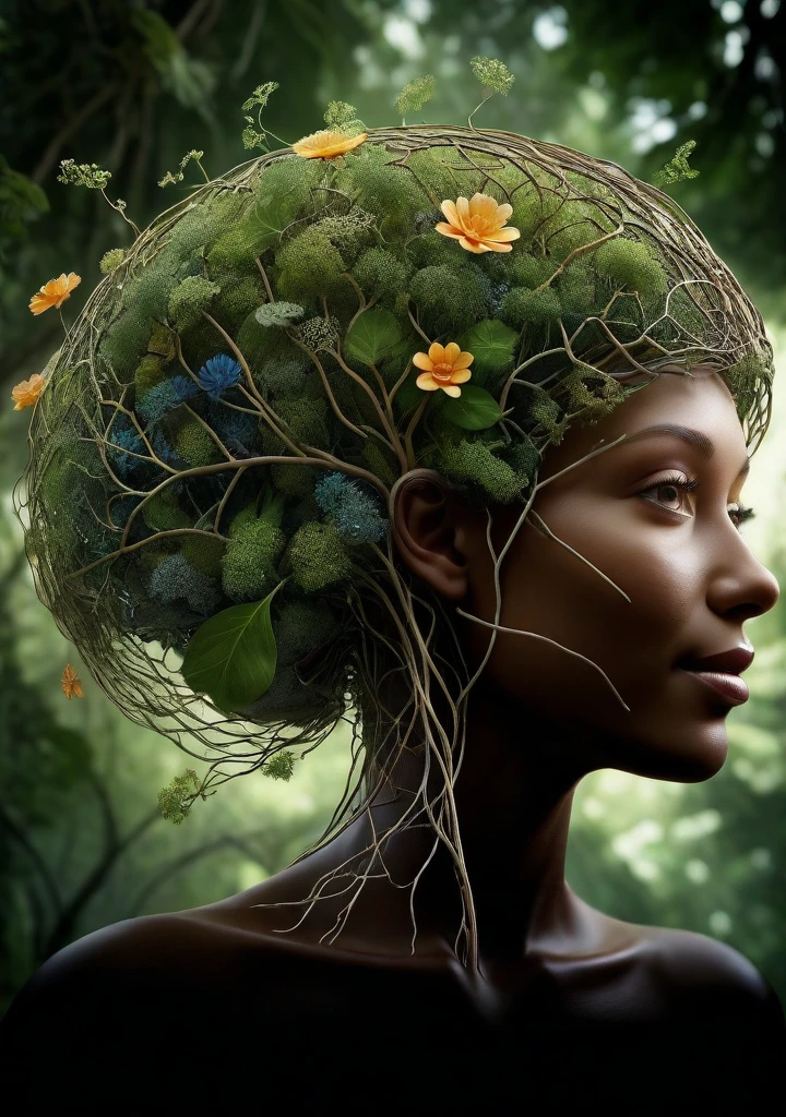 A mesmerizing digital illustration of a human brain. The brain CONSISTS ENTIRELY OF intricately woven with trees, vines, and flowers, which are sprouting from the brain stem, creating a surreal and organic fusion of nature and intelligence. The vines branch out, forming complex neural networks that are translucent and extend into the surroundings. The brain is depicted without bones and skin, purely composed of the vegetation, showcasing the interconnectedness of nature and human cognition. The illustration is rendered with extreme detail, capturing every intricate texture of the trees, vines, and flowers, creating a visually stunning masterpiece. growth, life, and harmony. (a female face is smiling in front of the brain:1.5)