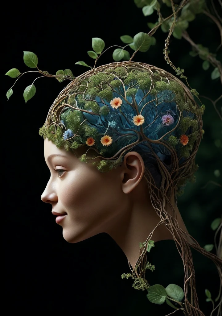 A mesmerizing digital illustration of a human brain. The brain CONSISTS ENTIRELY OF intricately woven with trees, vines, and flowers, which are sprouting from the brain stem, creating a surreal and organic fusion of nature and intelligence. The vines branch out, forming complex neural networks that are translucent and extend into the surroundings. The brain is depicted without bones and skin, purely composed of the vegetation, showcasing the interconnectedness of nature and human cognition. The illustration is rendered with extreme detail, capturing every intricate texture of the trees, vines, and flowers, creating a visually stunning masterpiece. growth, life, and harmony. (a female face is smiling in front of the brain:1.5)
